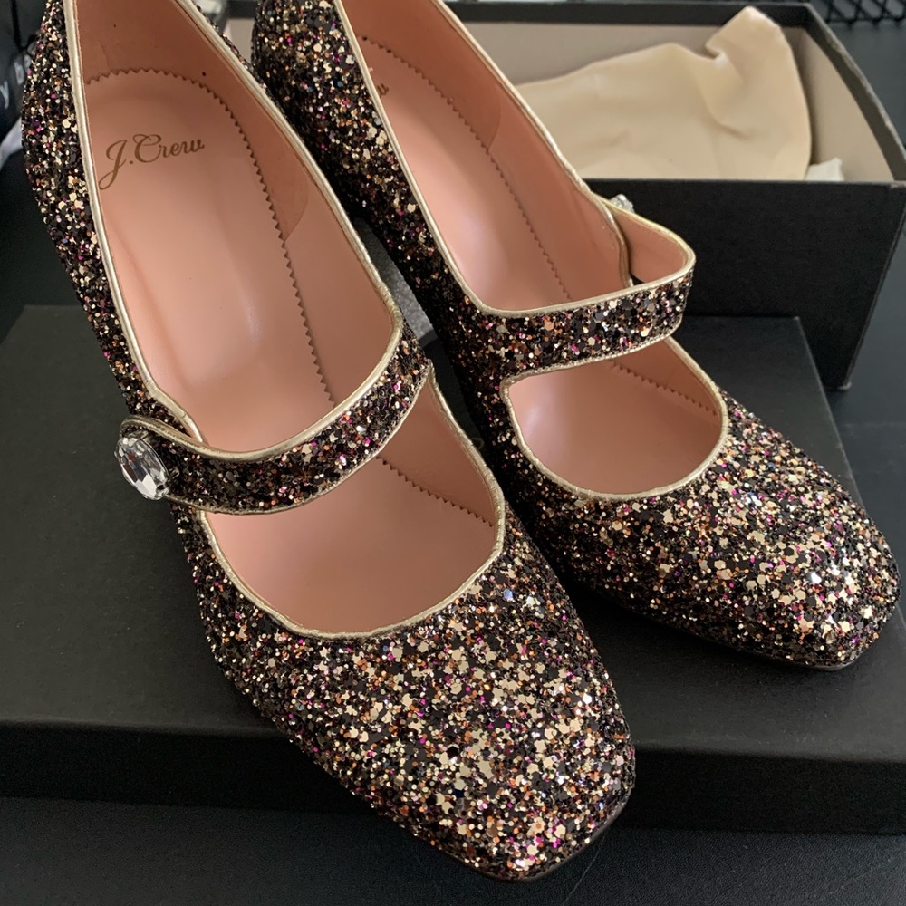 J. Crew Glitter Mary Jane pumps with jewel